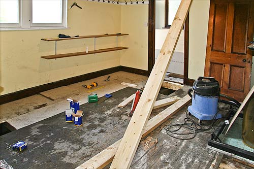 Inside the lodge floor is being repaired